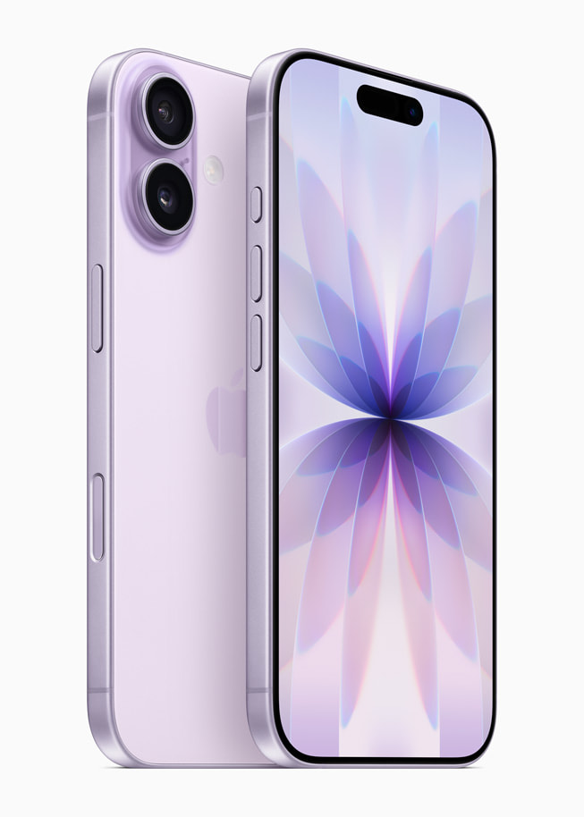 iPhone 17 en color lavanda, vista frontal y trasera