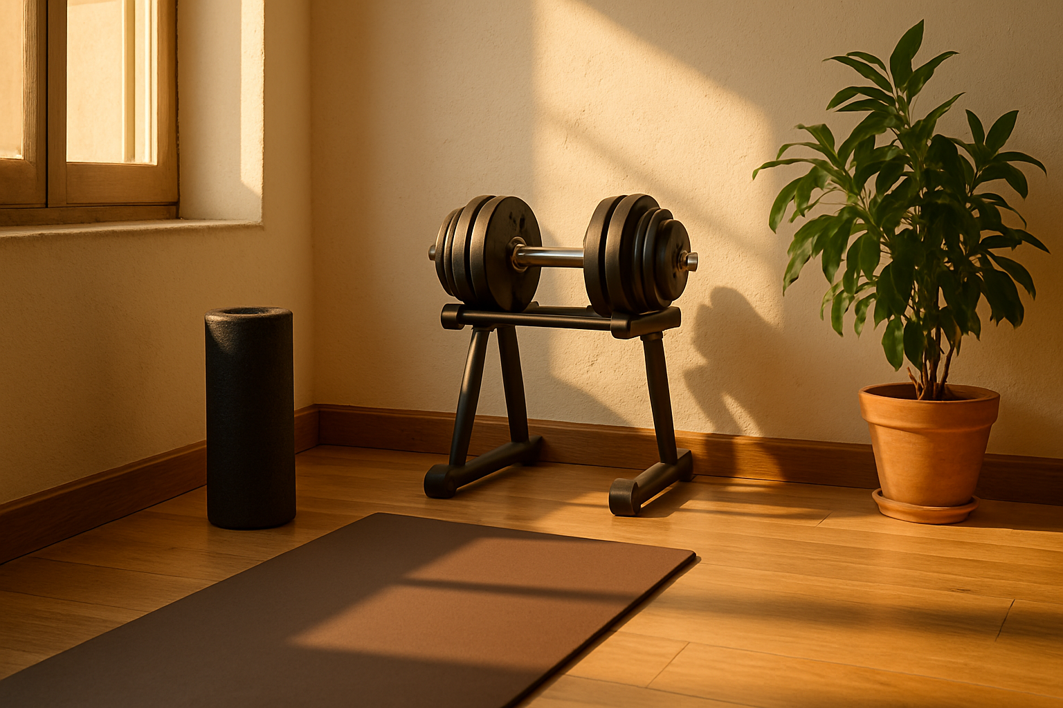 Rincón de entrenamiento en casa con mancuernas, rodillo y esterilla, material típico del Black Friday de deporte