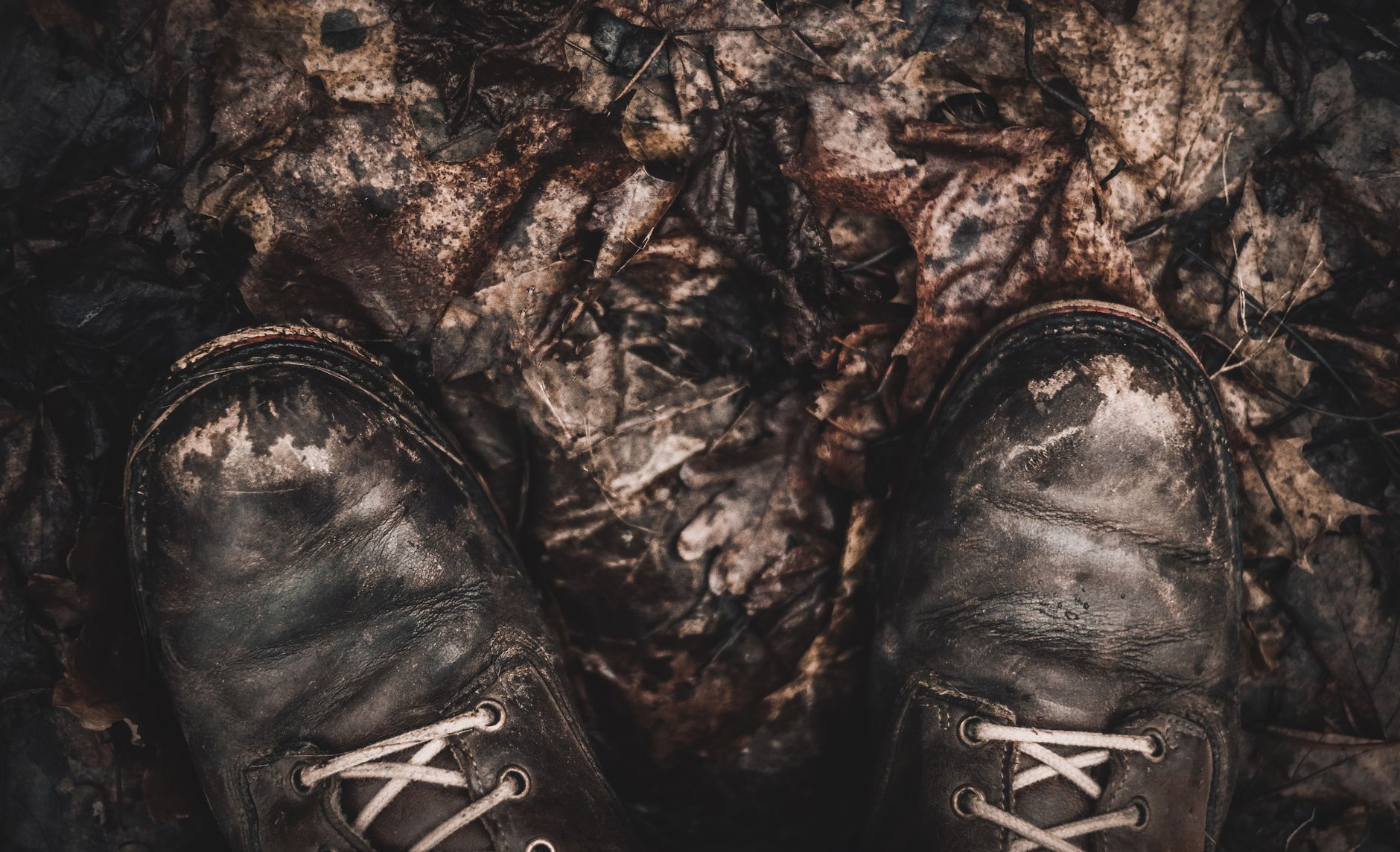 Botas de montaña mojadas sobre hojas caídas en un sendero de otoño