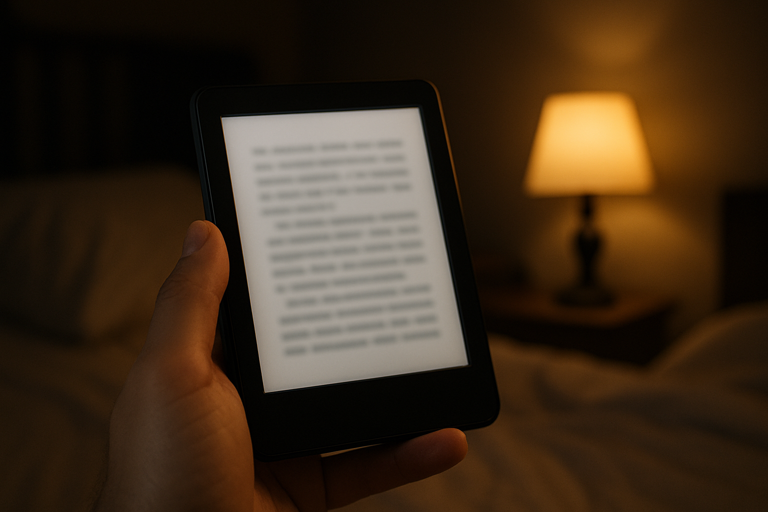 Lector de libros electrónicos con la luz frontal encendida en un dormitorio a oscuras