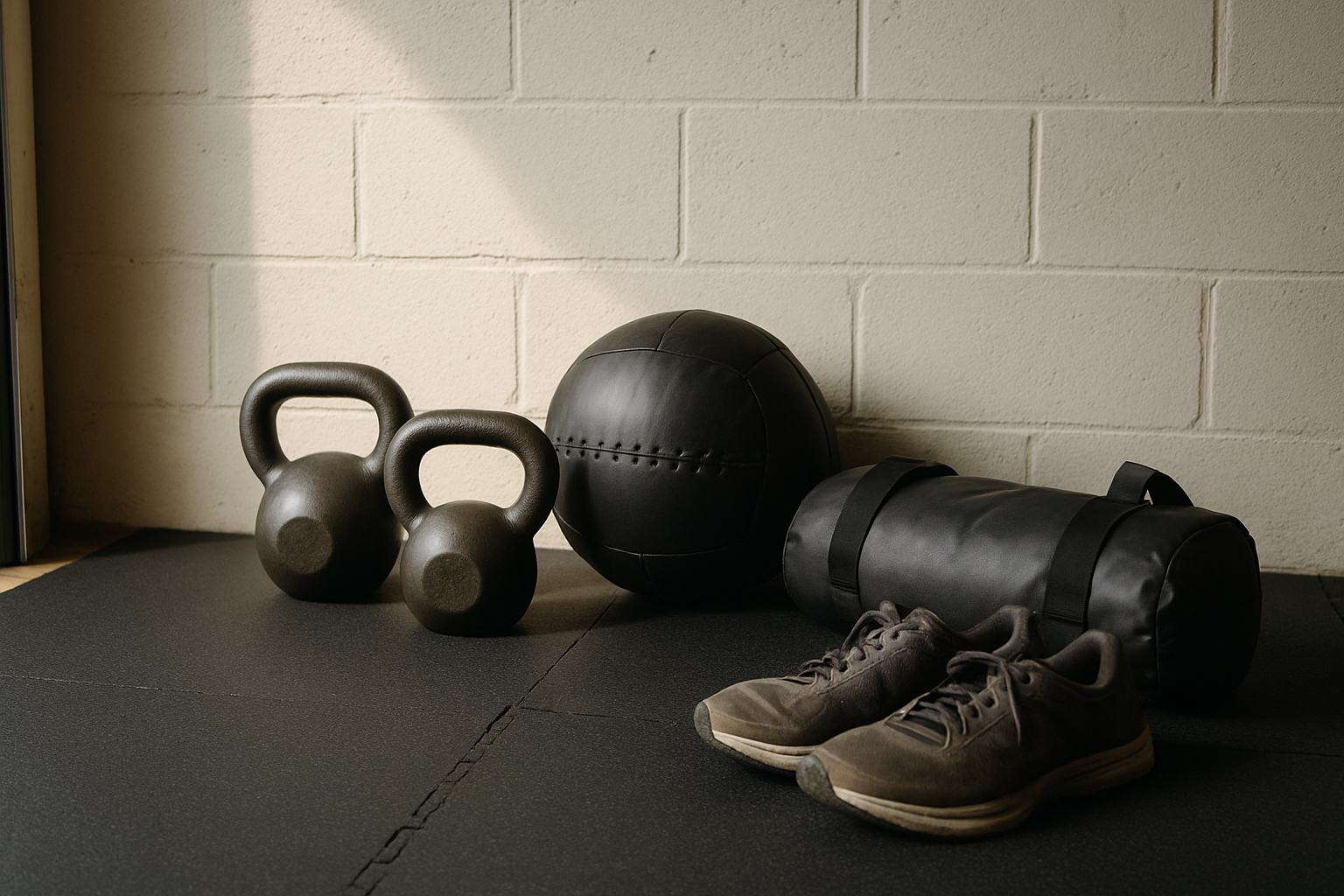 Material Hyrox en casa: kettlebells, balón medicinal, saco de arena y zapatillas sobre suelo de goma