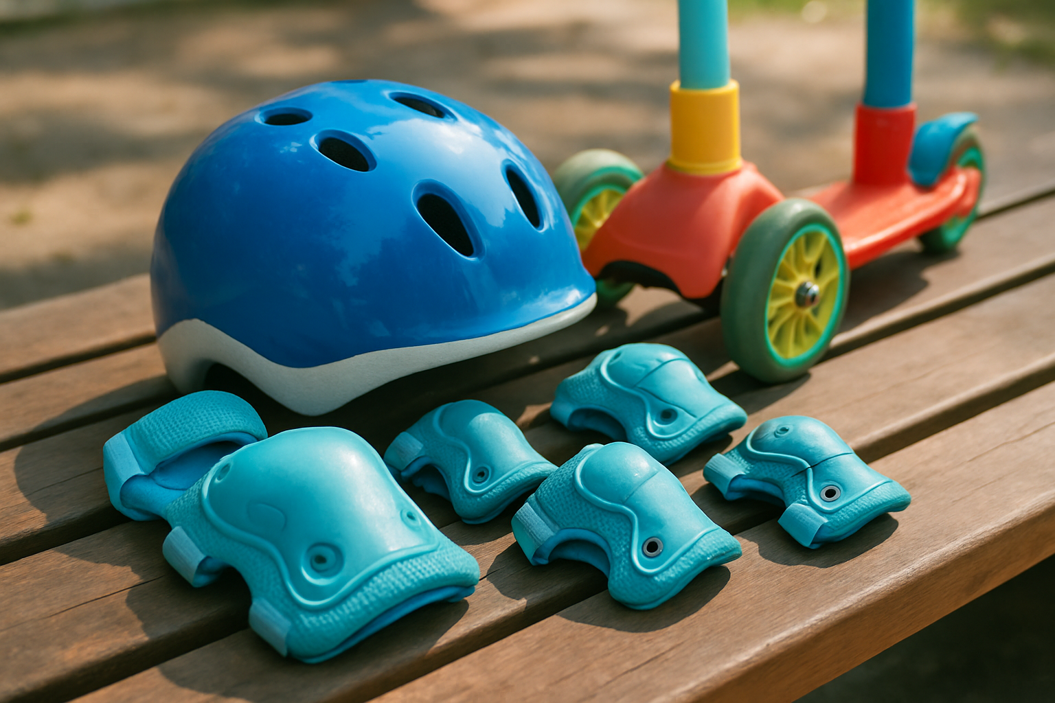 Casco, rodilleras y coderas junto a un patinete infantil de tres ruedas