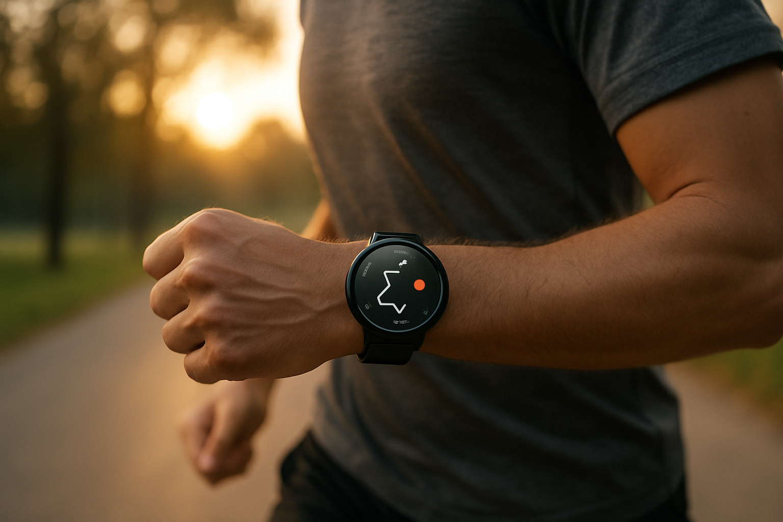 Corredor con un smartwatch con GPS en la muñeca mostrando la ruta del entrenamiento