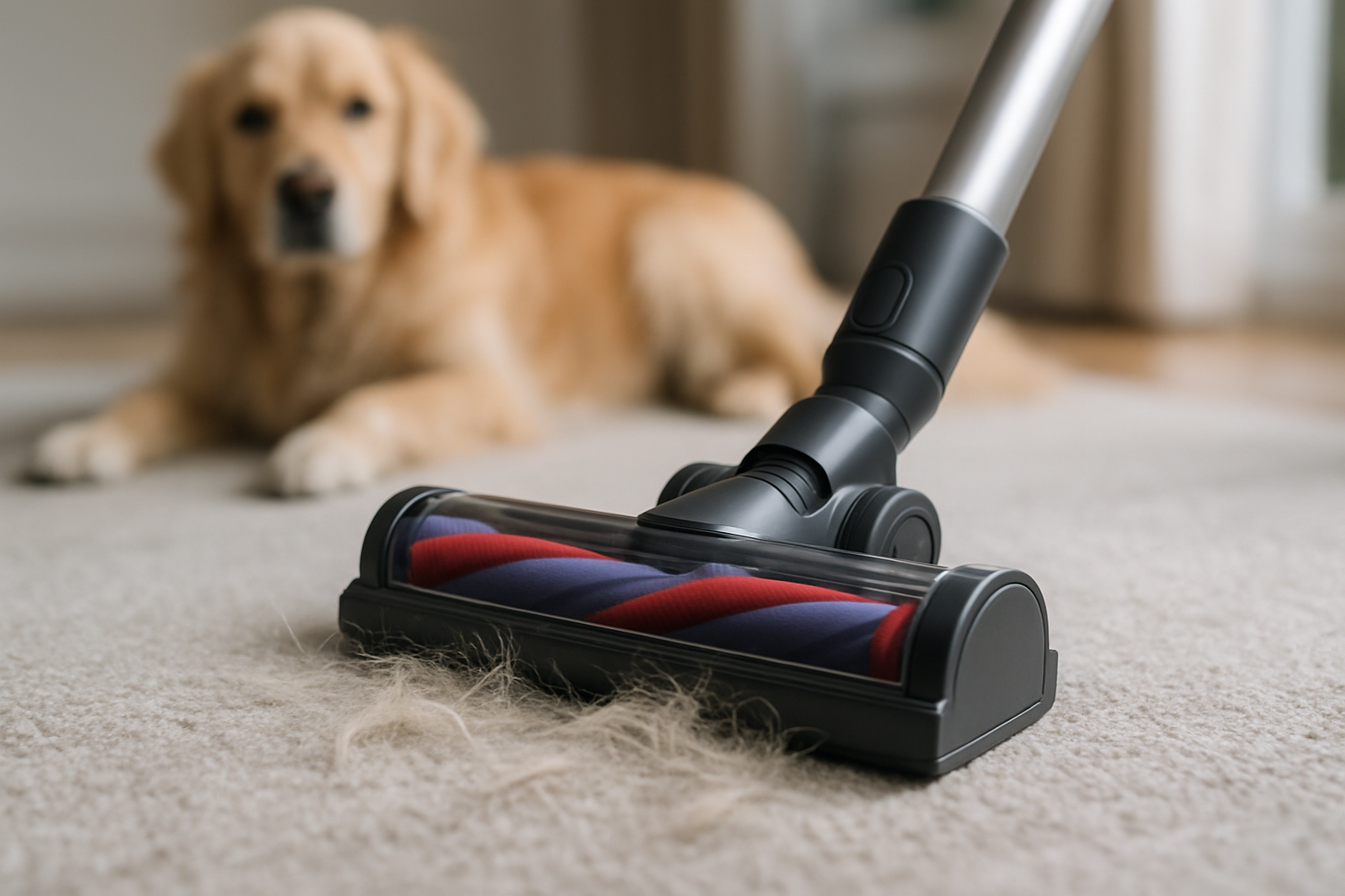 Cepillo motorizado de una aspiradora sin cable recogiendo pelo de perro de una alfombra