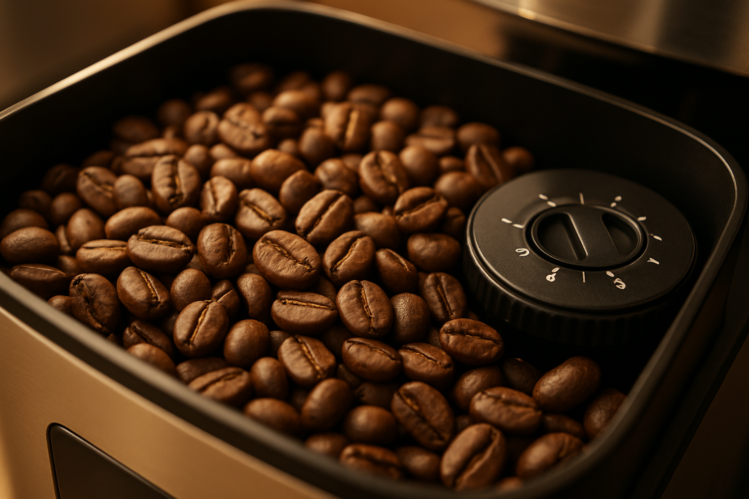 Granos de café en la tolva de una cafetera automática con molinillo integrado