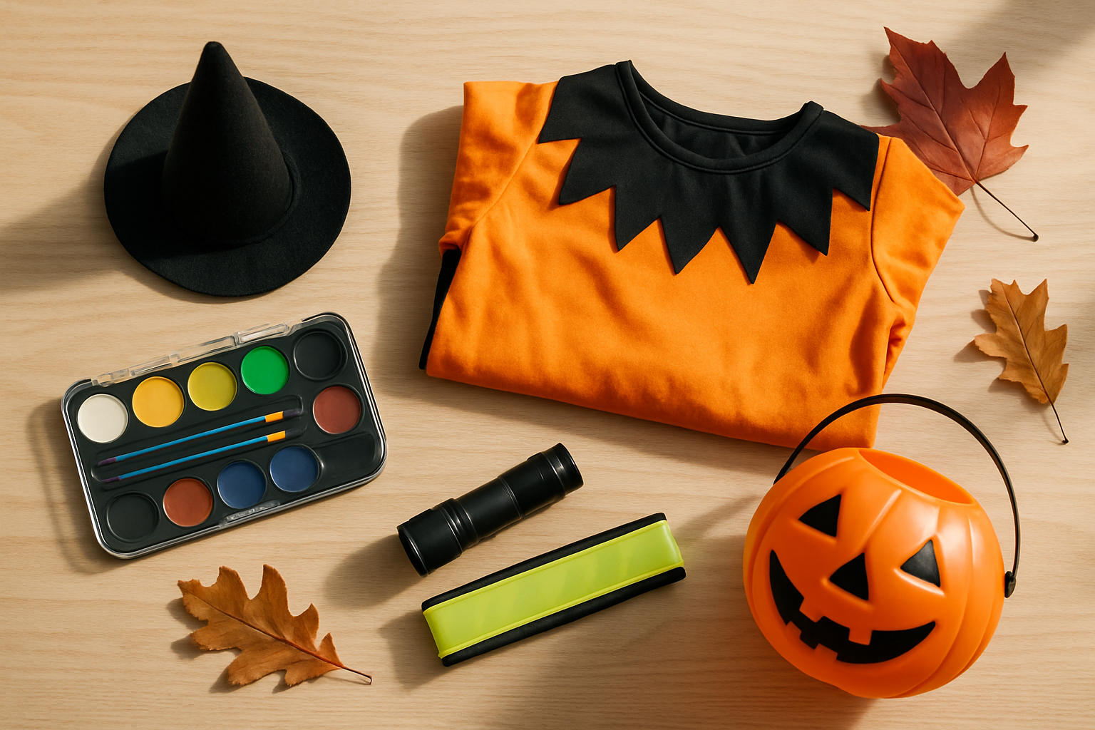 Accesorios para disfraces de Halloween infantiles: sombrero de bruja, pinturas faciales, linterna, brazalete reflectante y cubo de calabaza